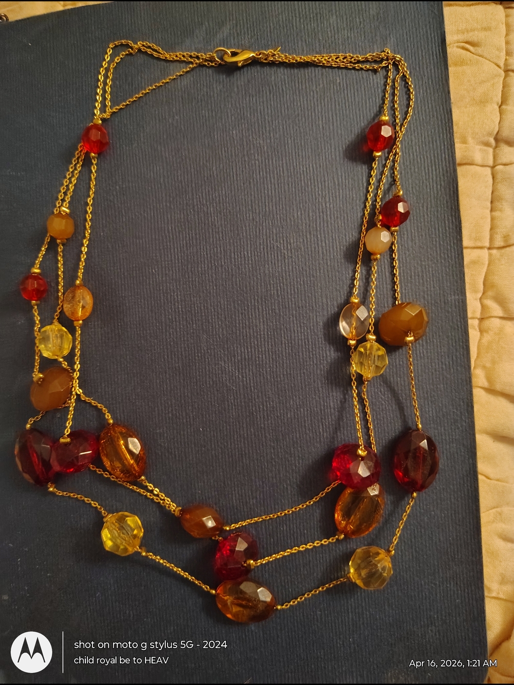 Gold-Tone Multi-Strand Beaded Necklace in Red, Amber, and Yellow Vintage Avon